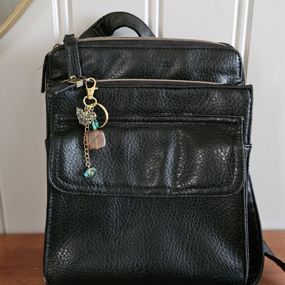 Butterfly Charm Beaded Keychain | Handmade Green & Gold Keyring - Picture 2 of 7